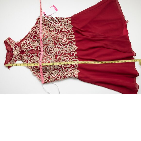 JVN By Jovani Evening Dress Chiffon Cocktail Embroidered Burgundy Gold 18 New - Picture 5 of 6